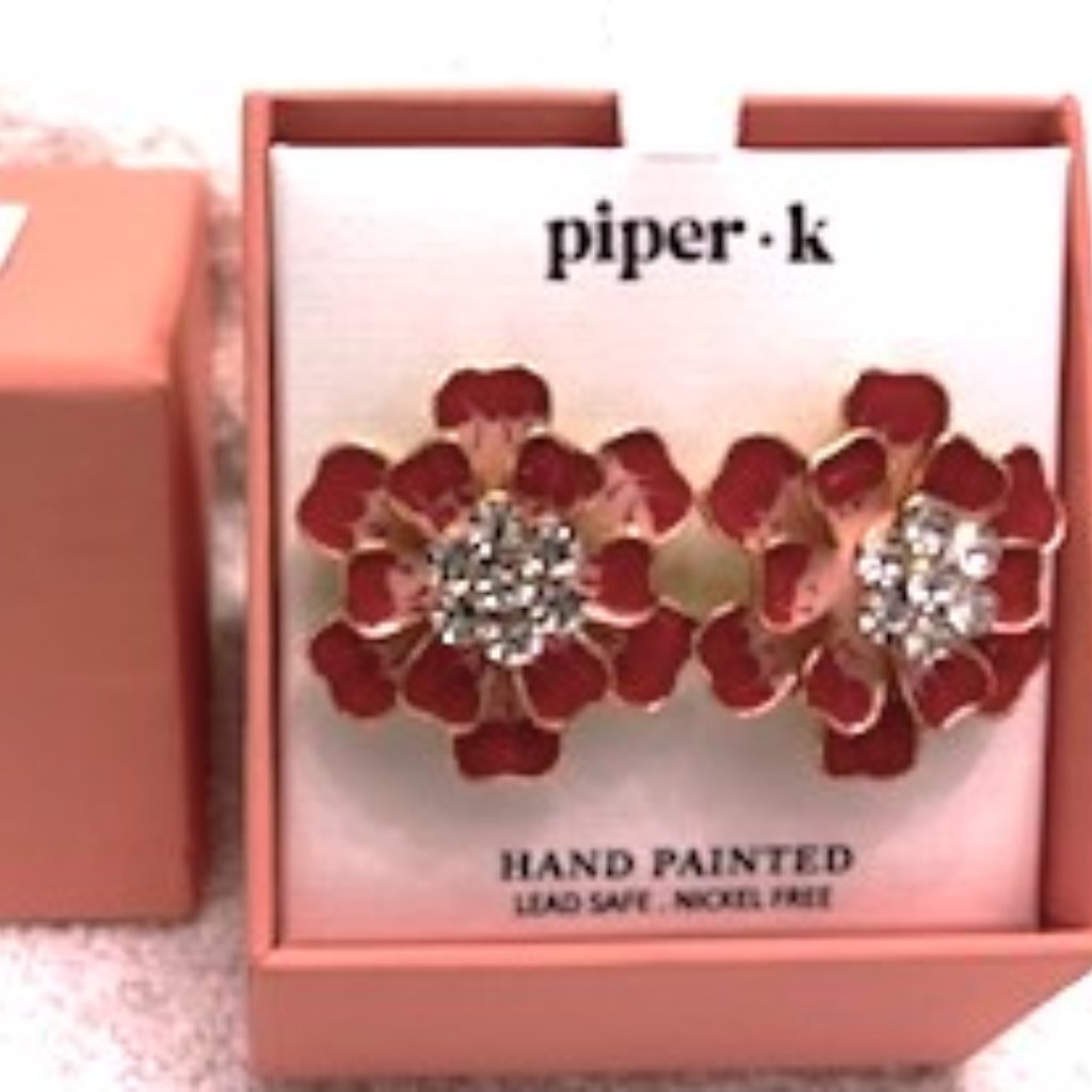 Piper K Enamel And Rhinestone Floral Pierced Earrings New In Box